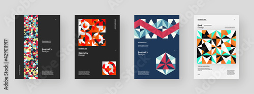 Abstract set Placards, Posters, Flyers, Banner Designs. Colorful geometric illustration on vertical A4 format. Flat shapes ornament. Decorative backdrop. Eps10