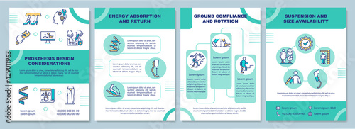 Prosthesis design considerations brochure template. Energy usage. Flyer, booklet, leaflet print, cover design with linear icons. Vector layouts for presentation, annual reports, advertisement pages