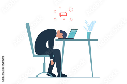 Male manager professional burnout syndrome. Exhausted sick tired businessman sitting with head down on laptop. Sad boring man. Frustrated worker mental health problems. Overload work illustration