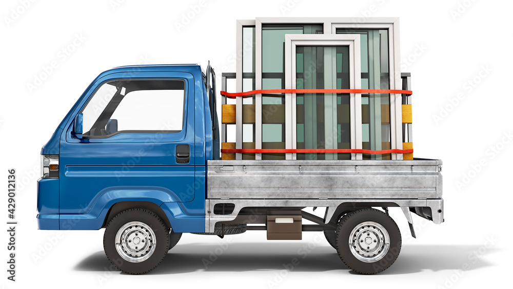 Front view on PVC windows in open tailgate of a truck, windows delivery, windows production concept, 3d illustration