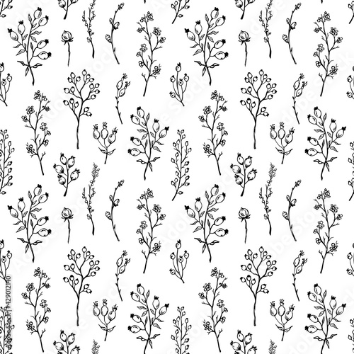 black and white outlined sketchy florals and wild berries seamless pattern, endless repeatable texture