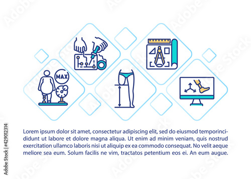 Prosthetics concept line icons with text. PPT page vector template with copy space. Brochure, magazine, newsletter design element. Curing people disabilities linear illustrations on white