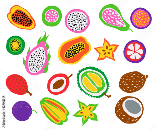 colorful bright hand drawn cute cartoon tropical  exotic fruits  cocnut, carambola, durian, dragon fruit, papaya, kiwiw, lychee