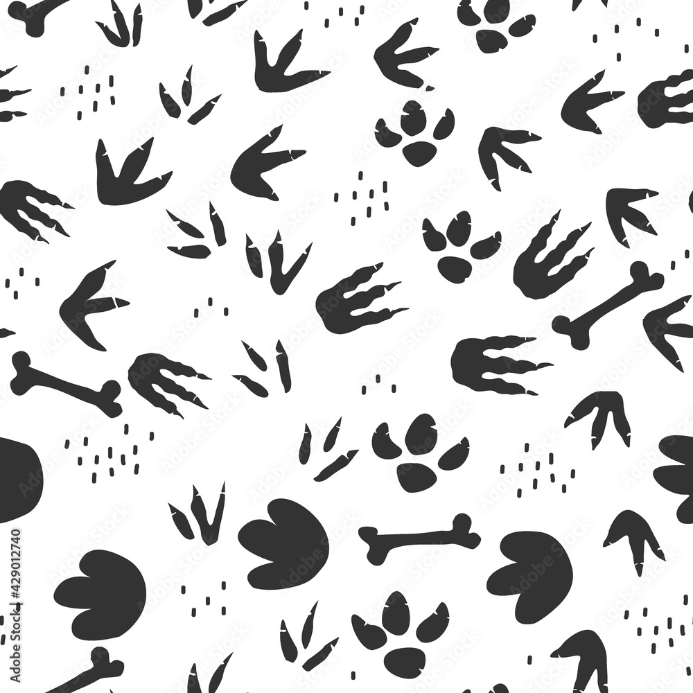 Dinosaur footprints seamless pattern. Background with dino feet steps traces. Jurassic animals path. Vector illustration for kids textile or floor mats