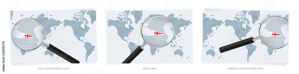 Blue Abstract World Maps with magnifying glass on map of Georgia with the national flag of Georgia. Three version of World Map. Blue Abstract World Maps with magnifying glass on map of Georgia with the national flag of Georgia. Three version of World Map.