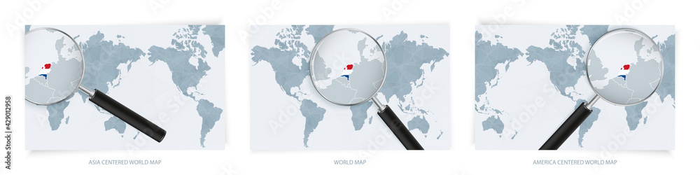 Blue Abstract World Maps with magnifying glass on map of Netherlands with the national flag of Netherlands. Three version of World Map.