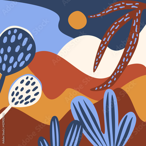 modern abstract art print design with wavy shapes and plants