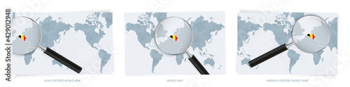 Blue Abstract World Maps with magnifying glass on map of Belgium with the national flag of Belgium. Three version of World Map.