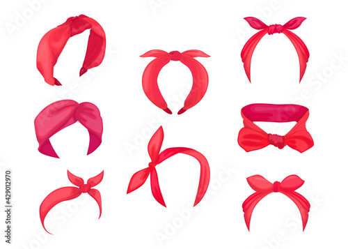 Red retro hairbands cartoon collection. Set of elegant woman headbands, girls bandanas with bow, handkerchiefs. Vector illustrations isolated in white. Fashion, accessories concept