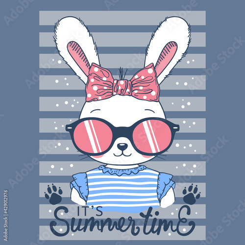 Summer Time slogan text with fun rabbit girl face, sunglassess, footprint for t-shirt graphics, fashion prints, posters and other uses