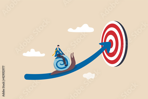 Slow business progress, laziness or procrastination, unproductive or efficiency concept, tried businessman riding snail slow walking on arrow to reach target.