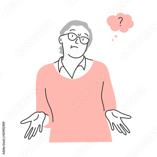 Elderly woman in glasses makes a helpless gesture.