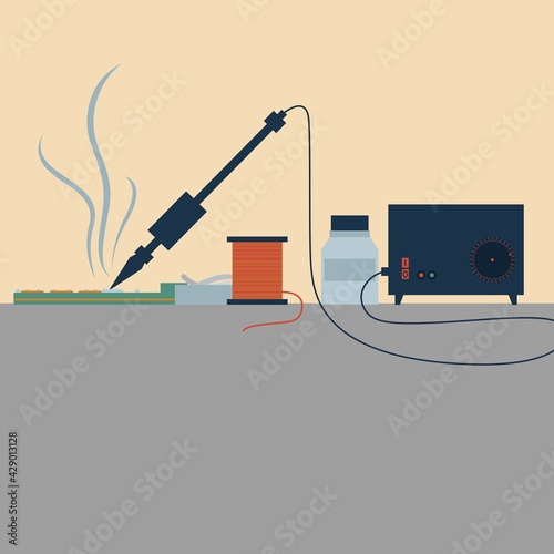 soldering iron and soldering process. flat vector