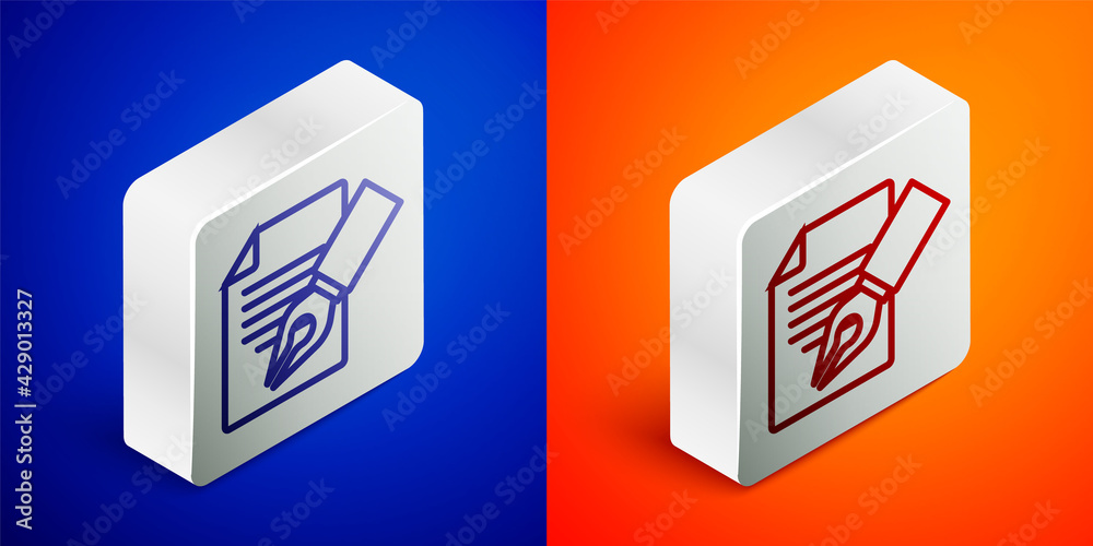 Isometric line Exam sheet and pencil with eraser icon isolated on blue and orange background. Test paper, exam, or survey concept. School test or exam. Silver square button. Vector Isometric line Exam sheet and pencil with eraser icon isolated on blue and orange background. Test paper, exam, or survey concept. School test or exam. Silver square button. Vector