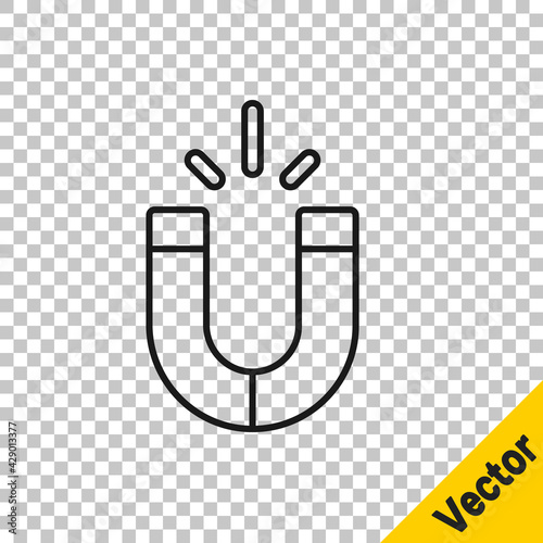 Black line Magnet icon isolated on transparent background. Horseshoe magnet, magnetism, magnetize, attraction. Vector