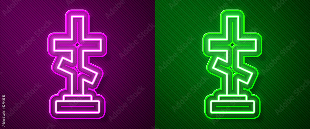 Glowing neon line Grave with cross icon isolated on purple and green background. Vector Glowing neon line Grave with cross icon isolated on purple and green background. Vector