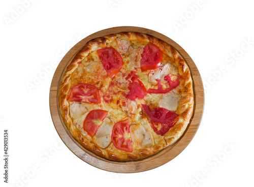 pizza with tomatoes and cheese on a wooden dish, on a white background, shot from above