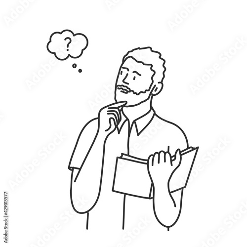Young bearded man with a book, holding his chin. Hand drawn vector illustration.