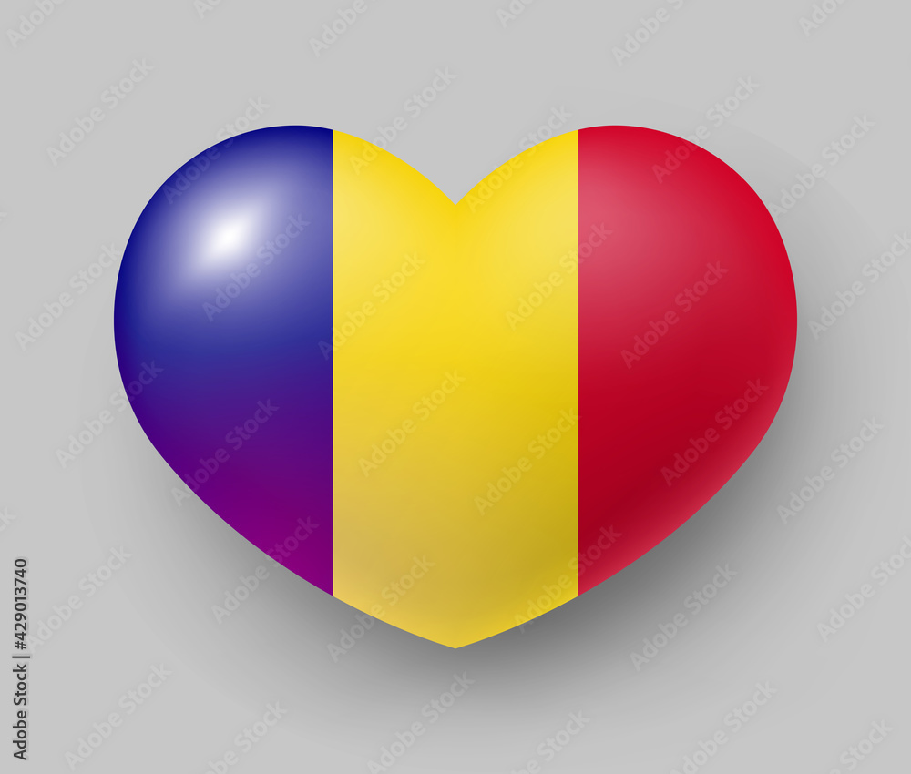 Fototapeta premium Heart shaped glossy national flag of Romania. European country national flag button, Symbol of Rumania in patriotic colors realistic vector illustration on gray background