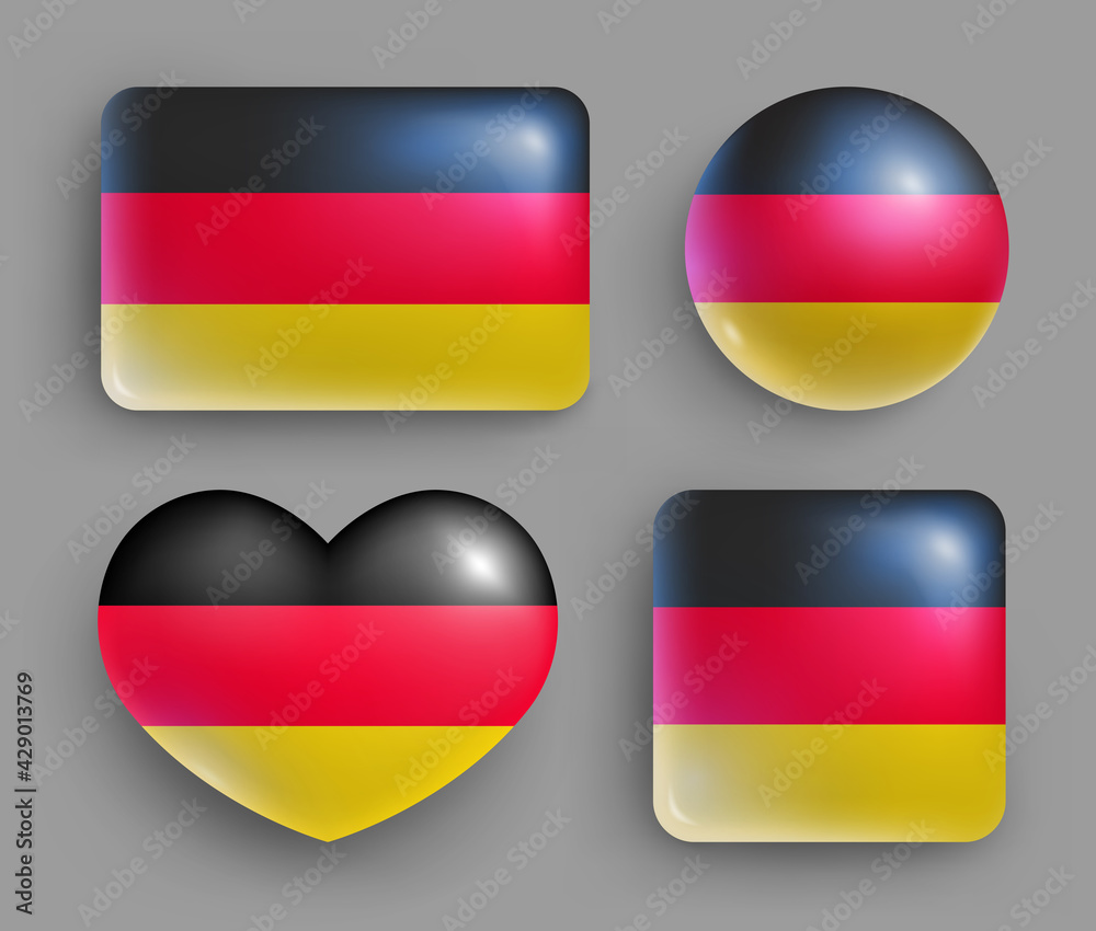 Glossy buttons with Germany country flags set. European country national flag shiny badges of different shapes. German symbol in patriotic colors realistic vector illustration on gray background Glossy buttons with Germany country flags set. European country national flag shiny badges of different shapes. German symbol in patriotic colors realistic vector illustration on gray background