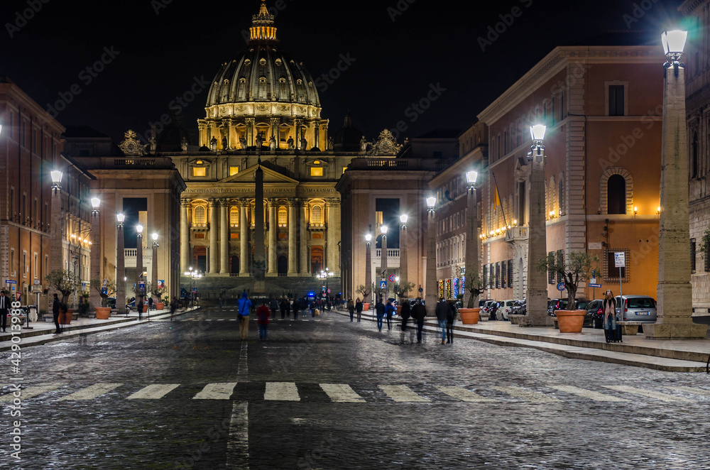 Rome Italy, night view at St Peter's Basilica, one of the largest churches in the world located in Vatican city.