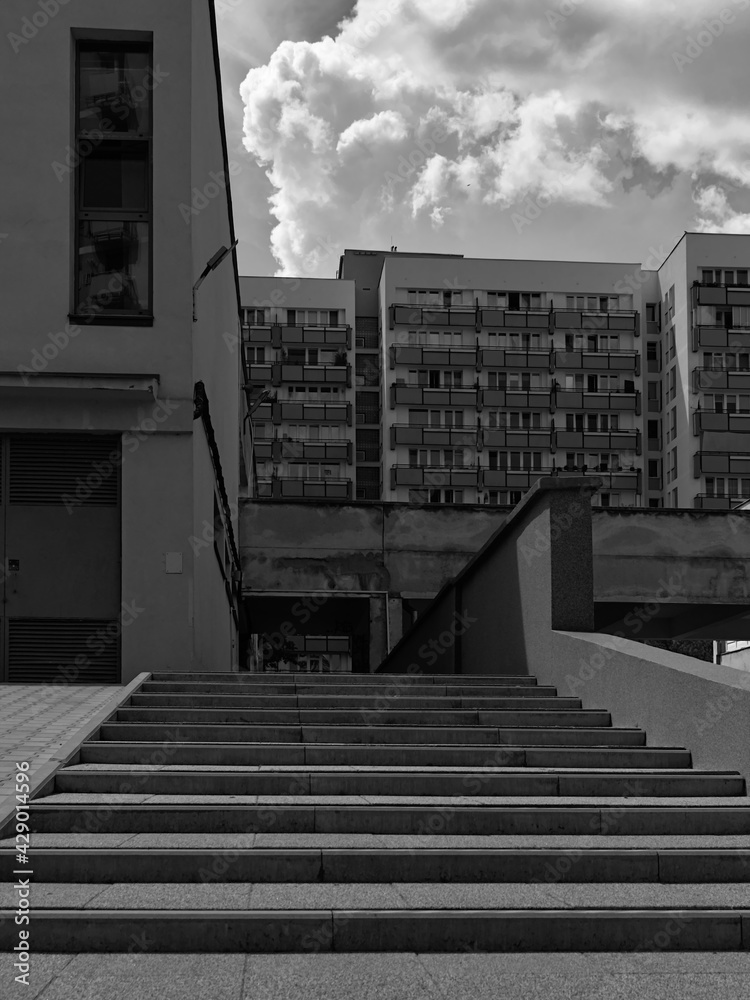 stairs and resindential district consisting large block of flats in Warsaw