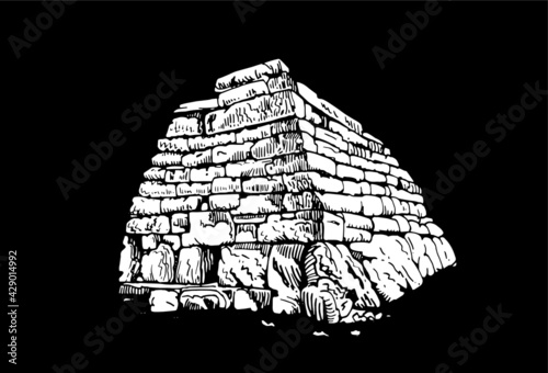 Graphical sketch of megalith isolated on black background,vector illustration of taula, sightseeing,Spain
