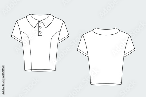Female polo shirt vector template isolated on a grey background. Front and back view. Outline fashion technical sketch of clothes model.