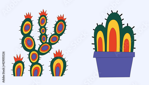vector cactus sticker - in a pot and in the desert. Funky groove mexico isolated cactus. Wild west and hippy 60s and 70s. Vintage summer tattoo template.