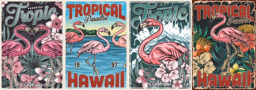 Tropical vintage colorful posters set