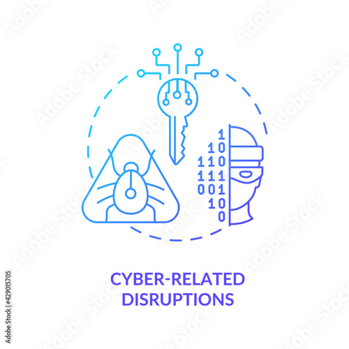 Cyber-related disruptions concept icon. Energy security threat idea thin line illustration. Cyberattacks. Phishing, malware. Unauthorized information change. Vector isolated outline RGB color drawing