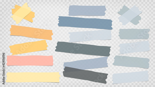 Grey, blue, yellow different size adhesive, sticky, masking, duct tape, paper pieces are on white squared background