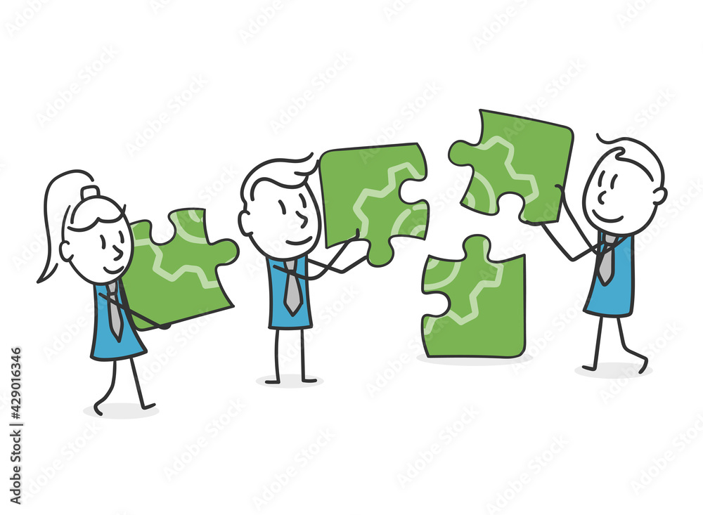 Business stick people work together. Concept of coworkers cooperate to solve a problem Business stick people work together. Concept of coworkers cooperate to solve a problem