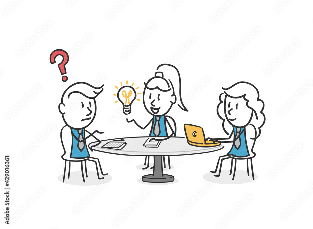 Concept of stick people solving doubts from their coworker Concept of stick people solving doubts from their coworker