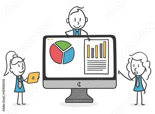 Stick coworkers analyze results graph diagram. Concept of colaborators coworkers interpreting graphs and statistics