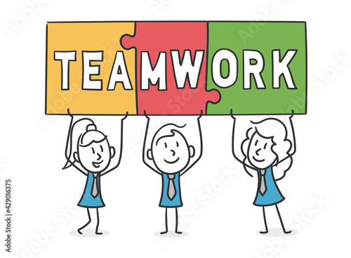 working team of stick people show the result of their collaboration