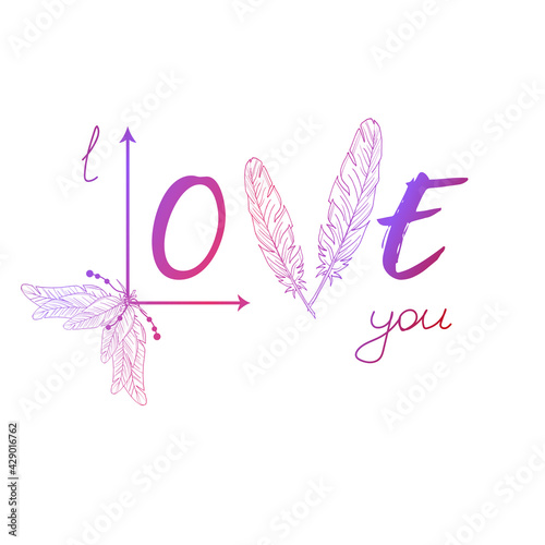 Original inscription made of feathers. Vector image. Love. Beads. Arrows. Isolated object on a white background. Red and purple gradient.
