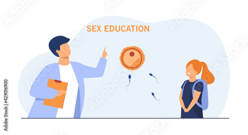 Doctor explaining about fertilization to girl. Student, study, spermatozoon flat vector illustration. Healthcare and sex education concept for banner, website design or landing web page