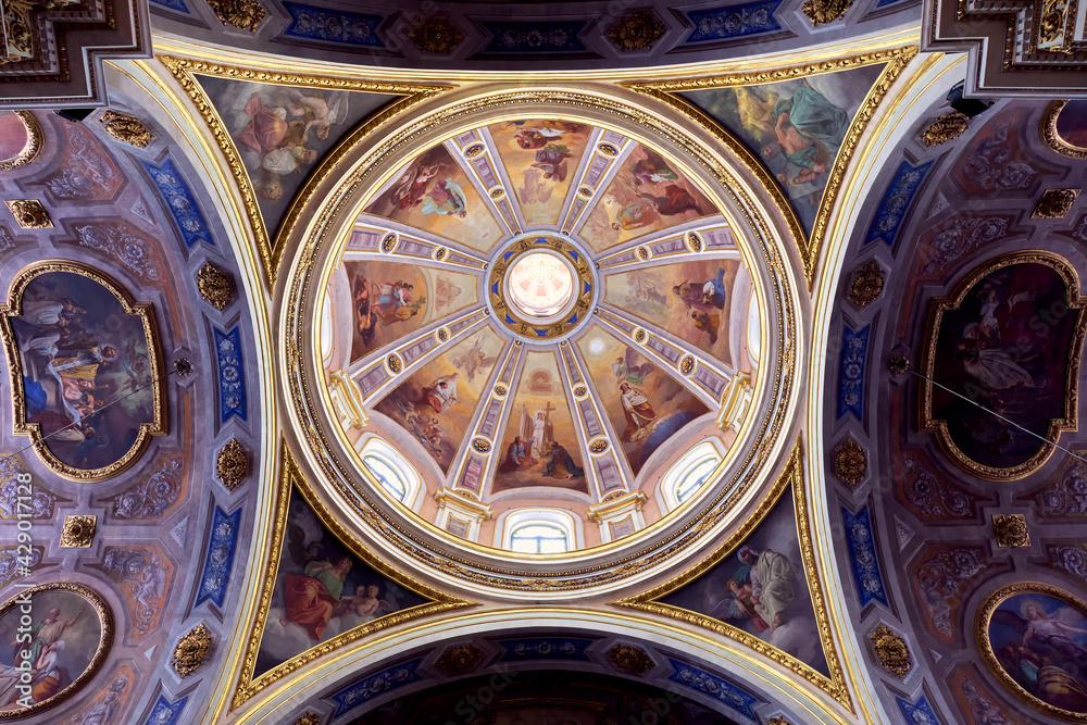 Internal view from the bottom of the St. Ambrogio Cathedral dome, in the renaissance old city centre of Vigevano (Lombardy Region, Northern Italy).
