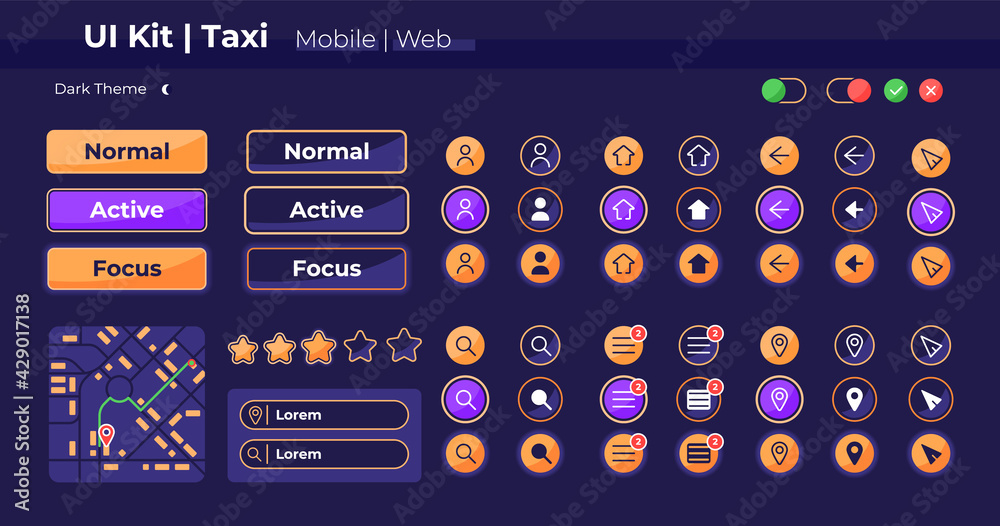 Taxi app UI elements kit. User profile settings for ride order isolated vector icon, bar and dashboard template. Web design widget collection for mobile application with dark theme interface