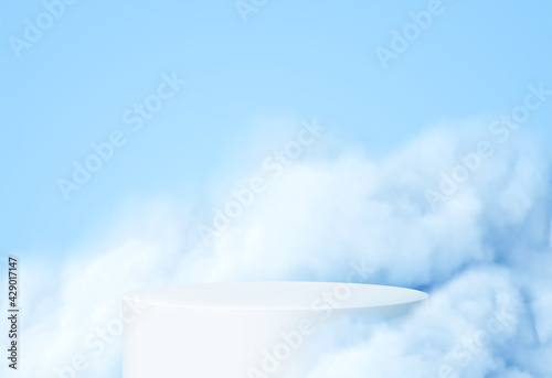 Blue background with a product podium surrounded by blue clouds. Smoke, fog, steam background. Vector illustration