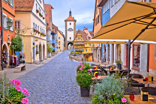 Famous Plonlein gate and cobbled street of historic town of Rothenburg ob der Tauber view