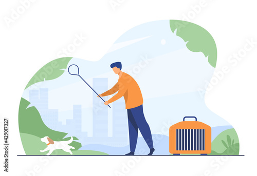 Man trying to catch stray dog. Cage, collector, pet flat vector illustration. Trapping and animal control concept for banner, website design or landing web page