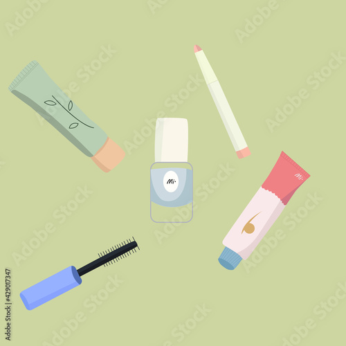 Set of cosmetics mascara, tube of cream, nail polish, eyeliner or lip pencil vector flat illustration.