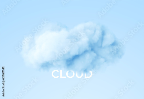 Realistic white fluffy cloud isolated on blue background. Cloud sky background for your design. Vector illustration