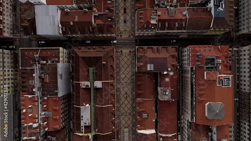 Lisbon, Portugal - 16 April 2021: Aerial view of Baixa Chiado modern district in Lisbon downtown, Lisbon, Portugal.