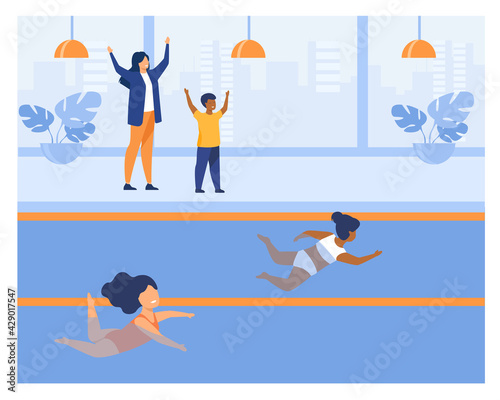 Two little girls participating in swimming contest. Swimsuit, pool, water flat vector illustration. Sport activity and competition concept for banner, website design or landing web page