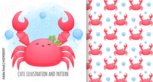 Cute crab girl illustration and pattern Premium Vector