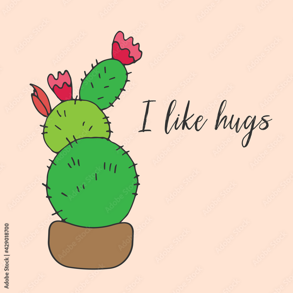 Background with cactus. Bright postcard. I like hugs. Vector image.
