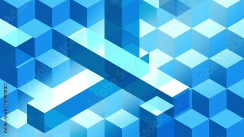 Blue cubes and bars abstract animation for background, looped seamless. Isometric perspective, hypnotic and elegant, with transparency effects.